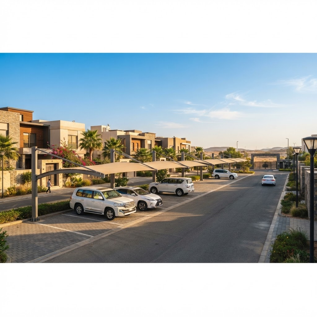 مظلات سيارات حديثة في أحد مجمعات الرياض